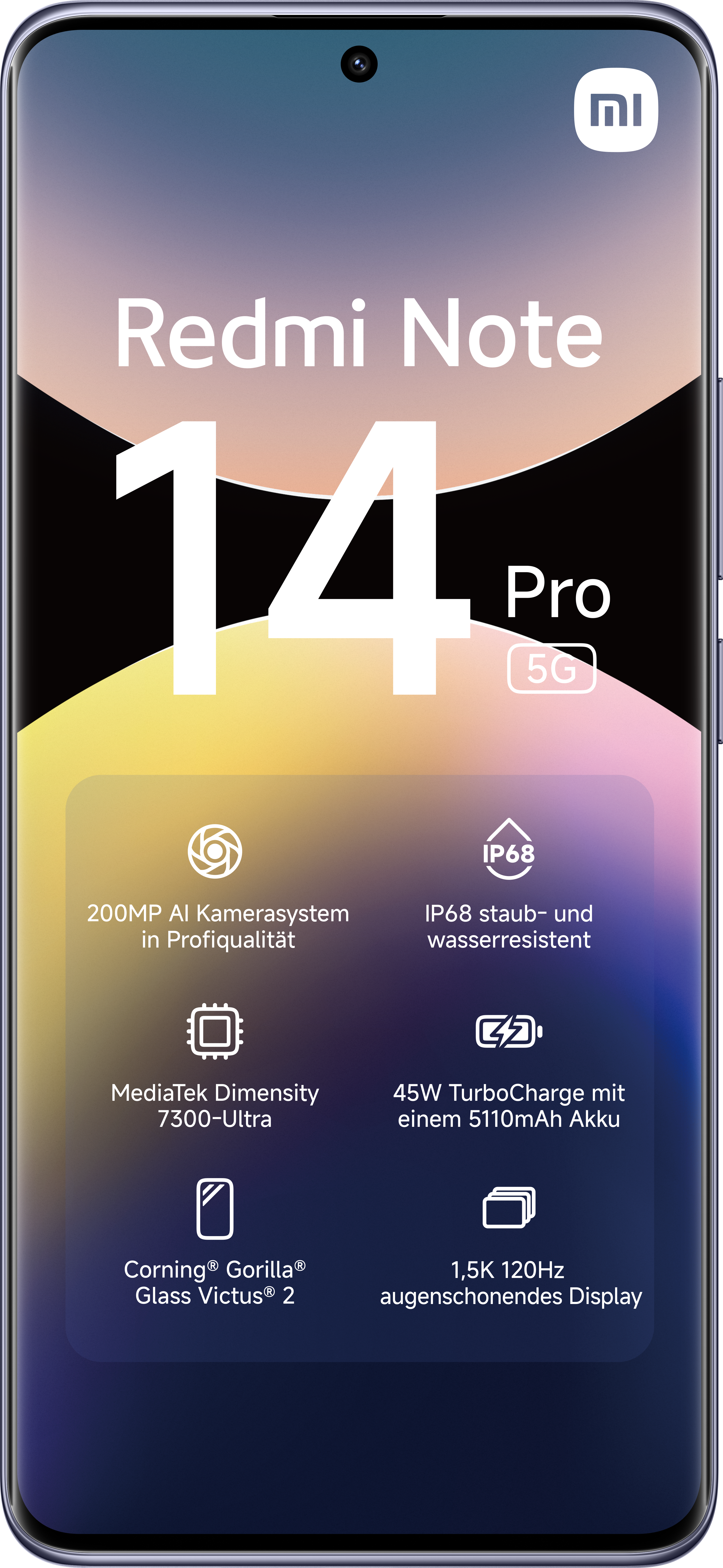 Smartphone mit Text Redmi Note 14 Pro, 5G. Merkmale: 200MP Kamera, IP68, MediaTek Dimensity, 45W, Gorilla Glass, 1.5K Display.