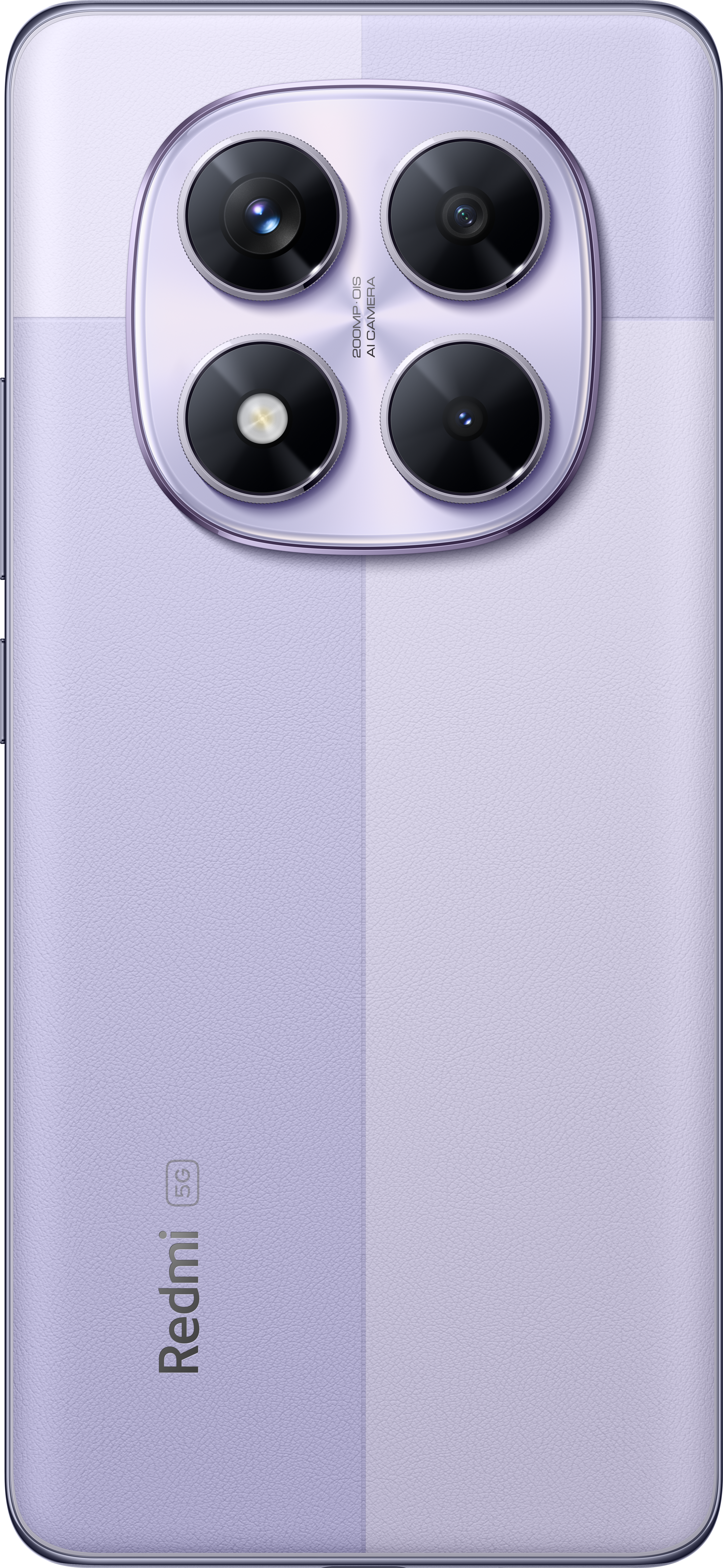 Violette Smartphone-Rückseite mit Kameraanordnung. Es hat eine strukturierte Oberfläche und das Redmi-Logo. Vier Kameralinsen sind sichtbar.
