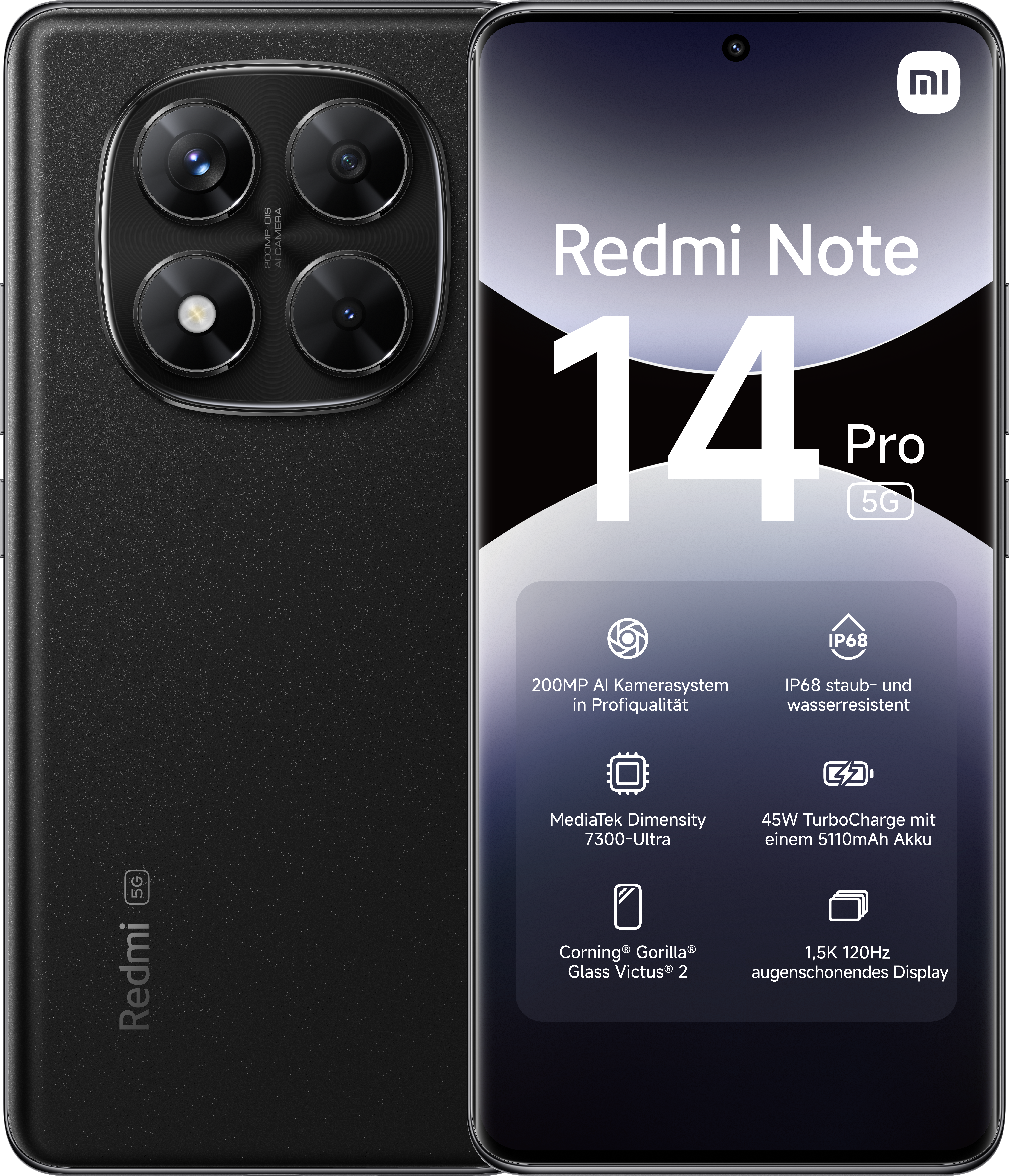 Schwarzes Smartphone mit Kameras. Der Bildschirm zeigt 'Redmi Note 14 Pro 5G'.