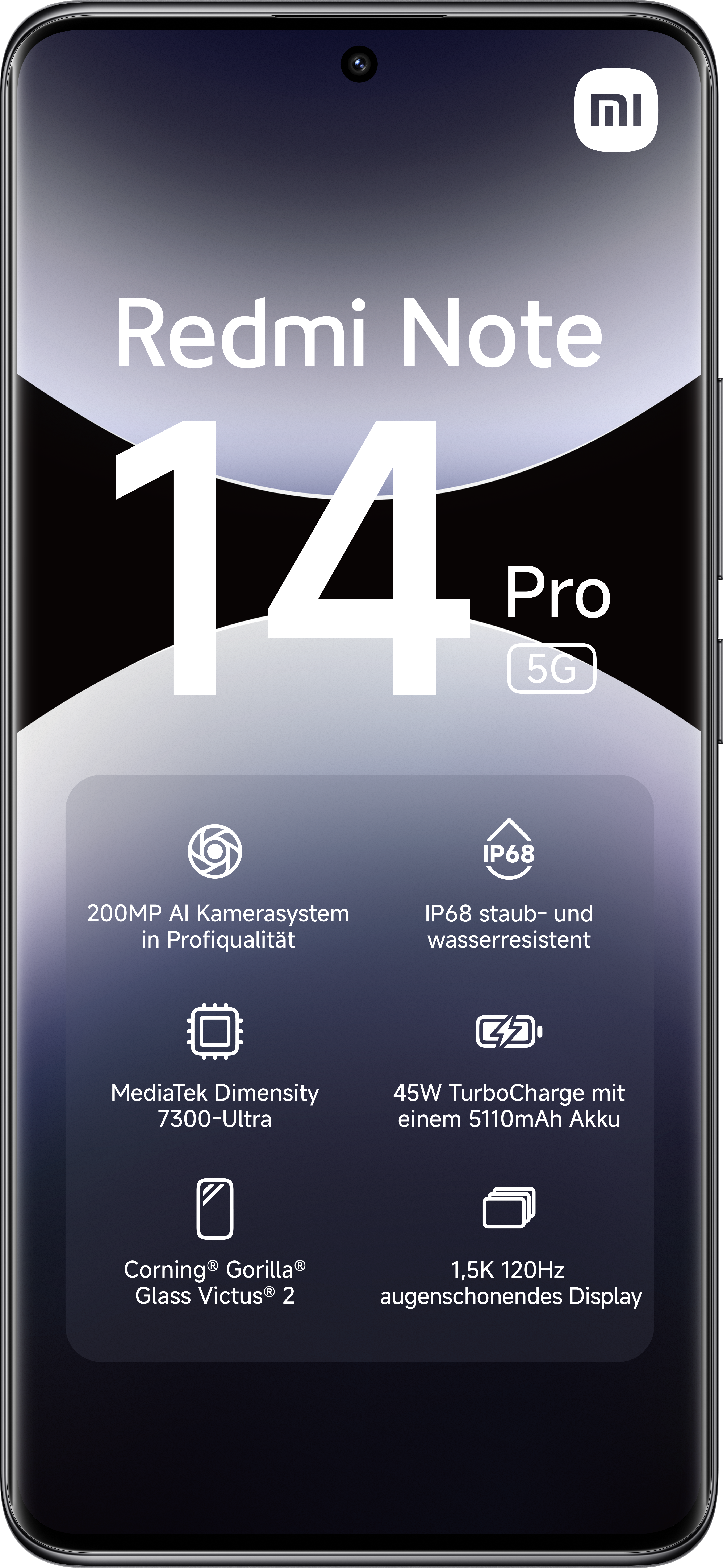 Schwarzes Smartphone. Text zeigt Funktionen: Kamera, Staub/Wasserfest, Prozessor, Akku, Display.