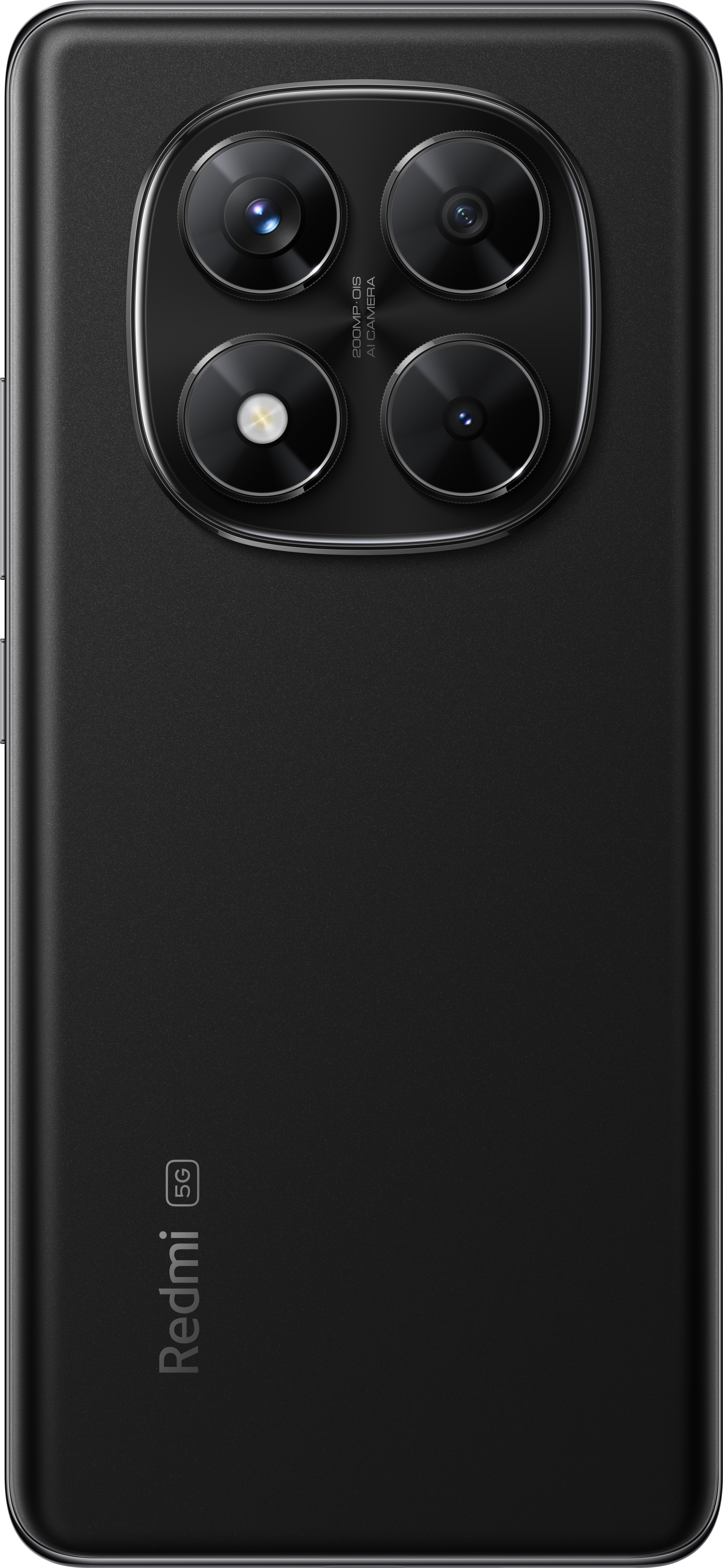 Schwarze Smartphone-Rückseite mit vier Kameralinsen, Redmi-Logo und 5G-Symbol. Die Rückseite ist dunkel und matt, mit abgerundetem Design.