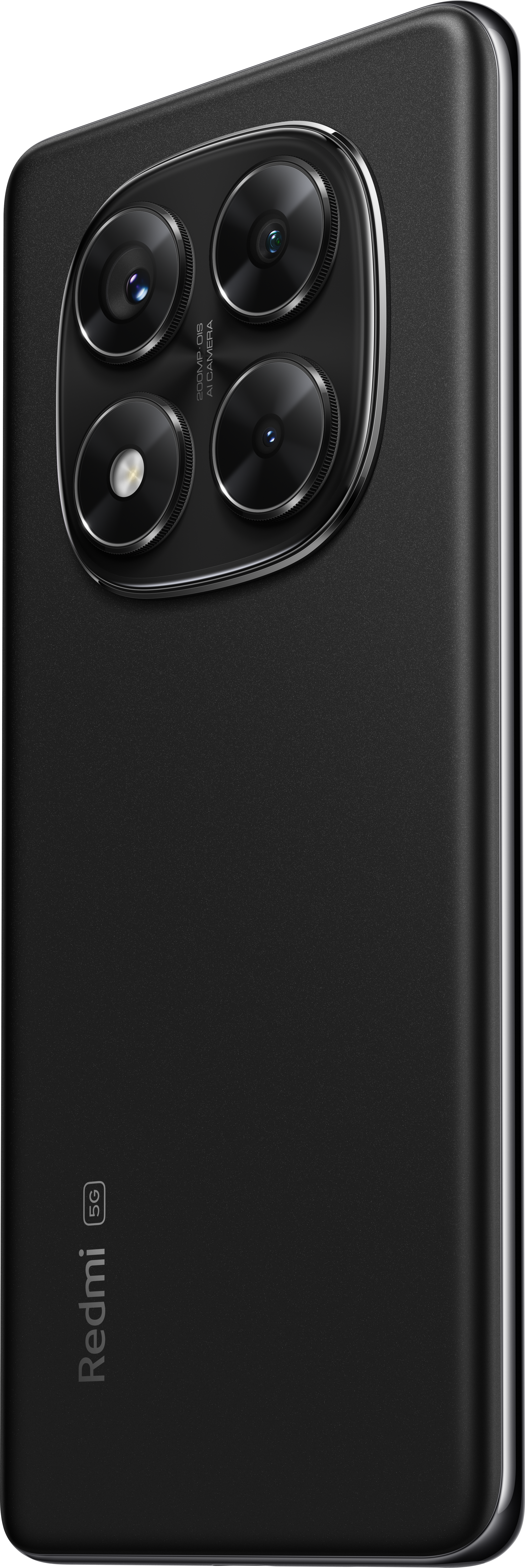 Schwarzes Smartphone mit vier Kameras. Redmi 5G Logo an der Seite.