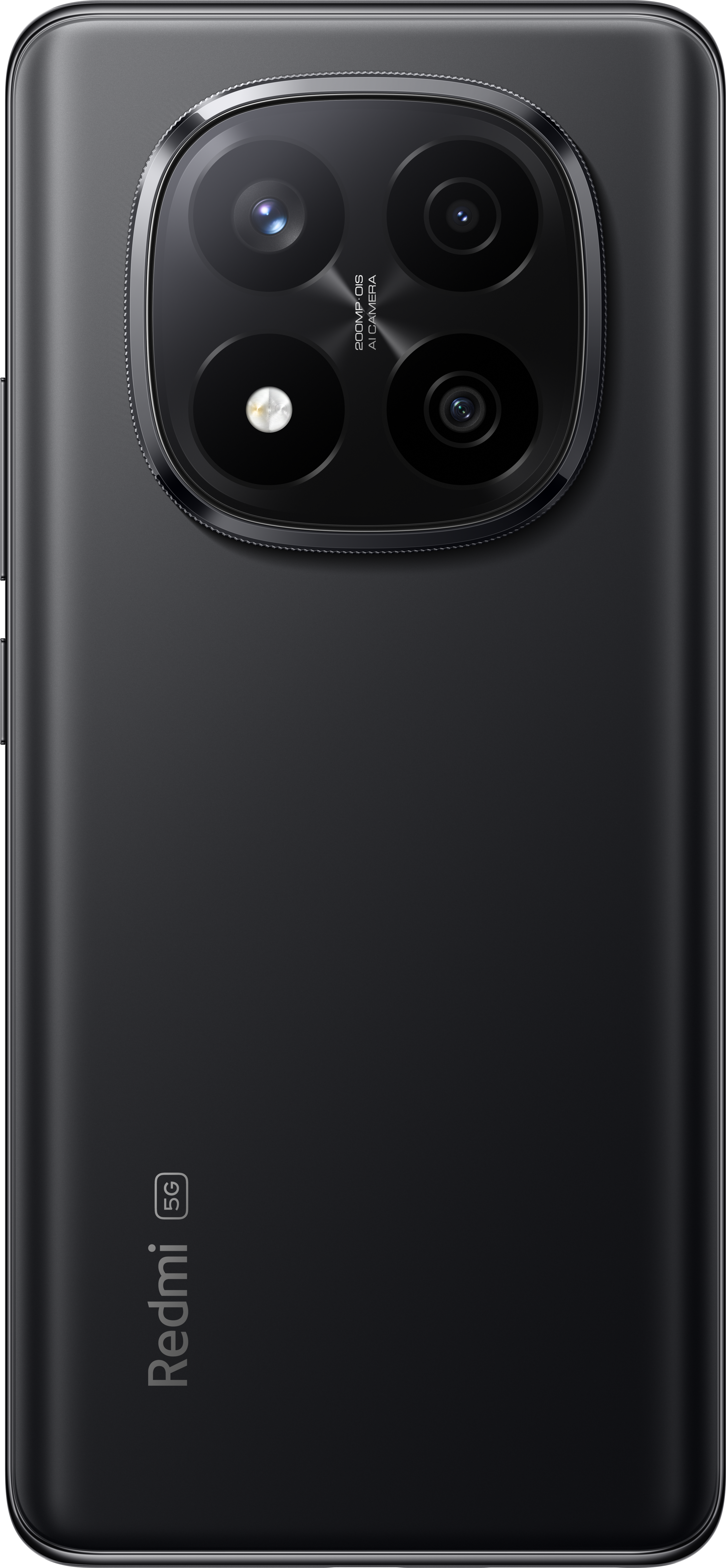 Die Rückseite eines schwarzen Telefons mit großem Kameraausschnitt und Redmi 5G Text.