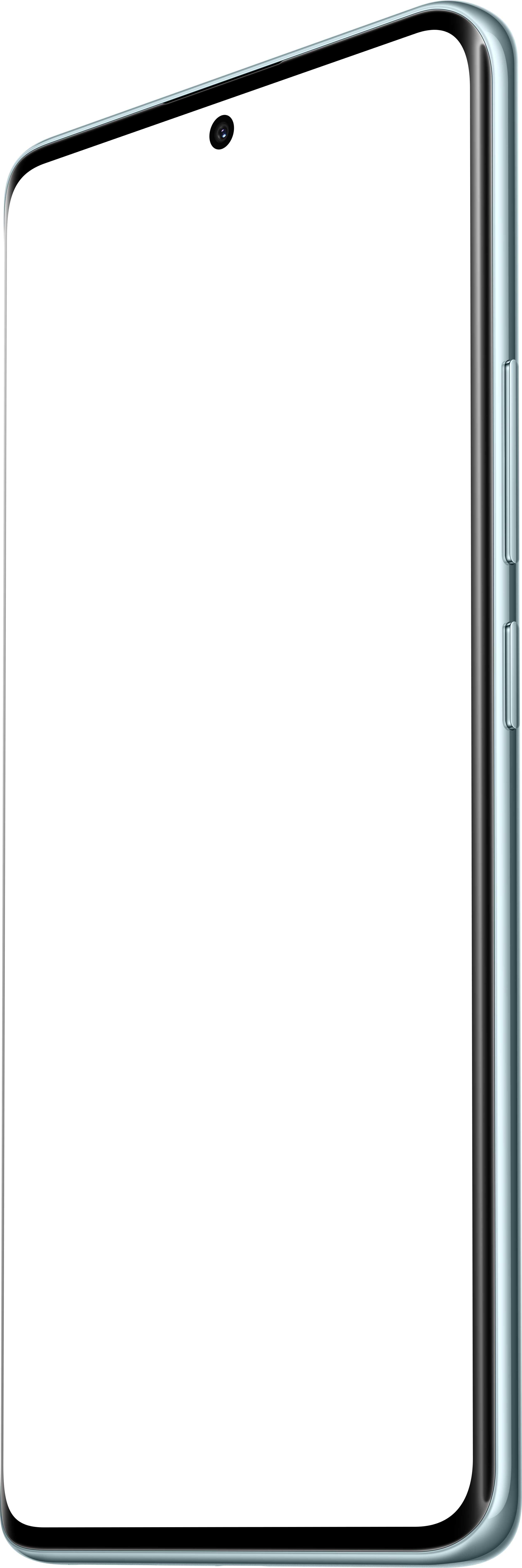 Seitenansicht eines Smartphones mit schwarzem Bildschirm, hellblauem Rahmen, schwarzem Hintergrund.