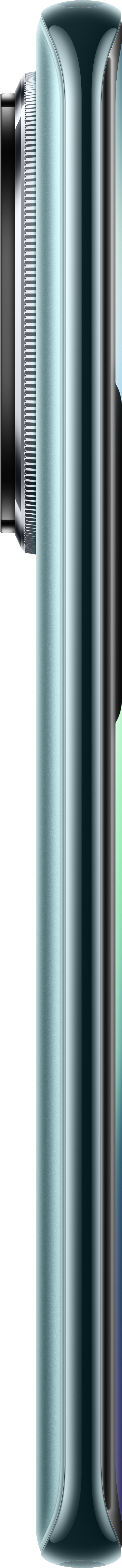 Ein blaues, silbernes und schwarzes Smartphone, von der Seite gezeigt.