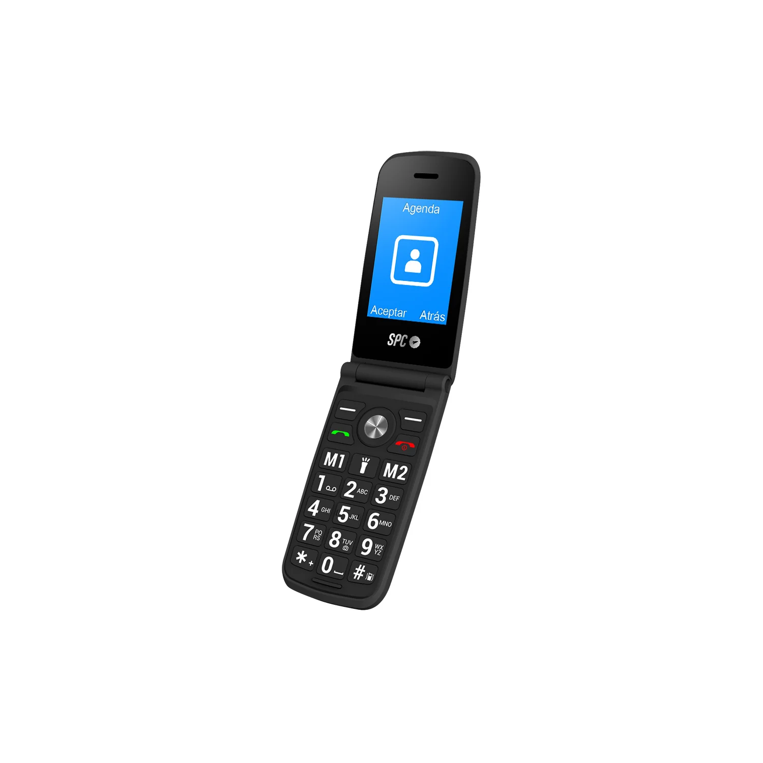 Un teléfono plegable negro con una pantalla azul que muestra un icono de agenda está parcialmente abierto. El teclado es visible.