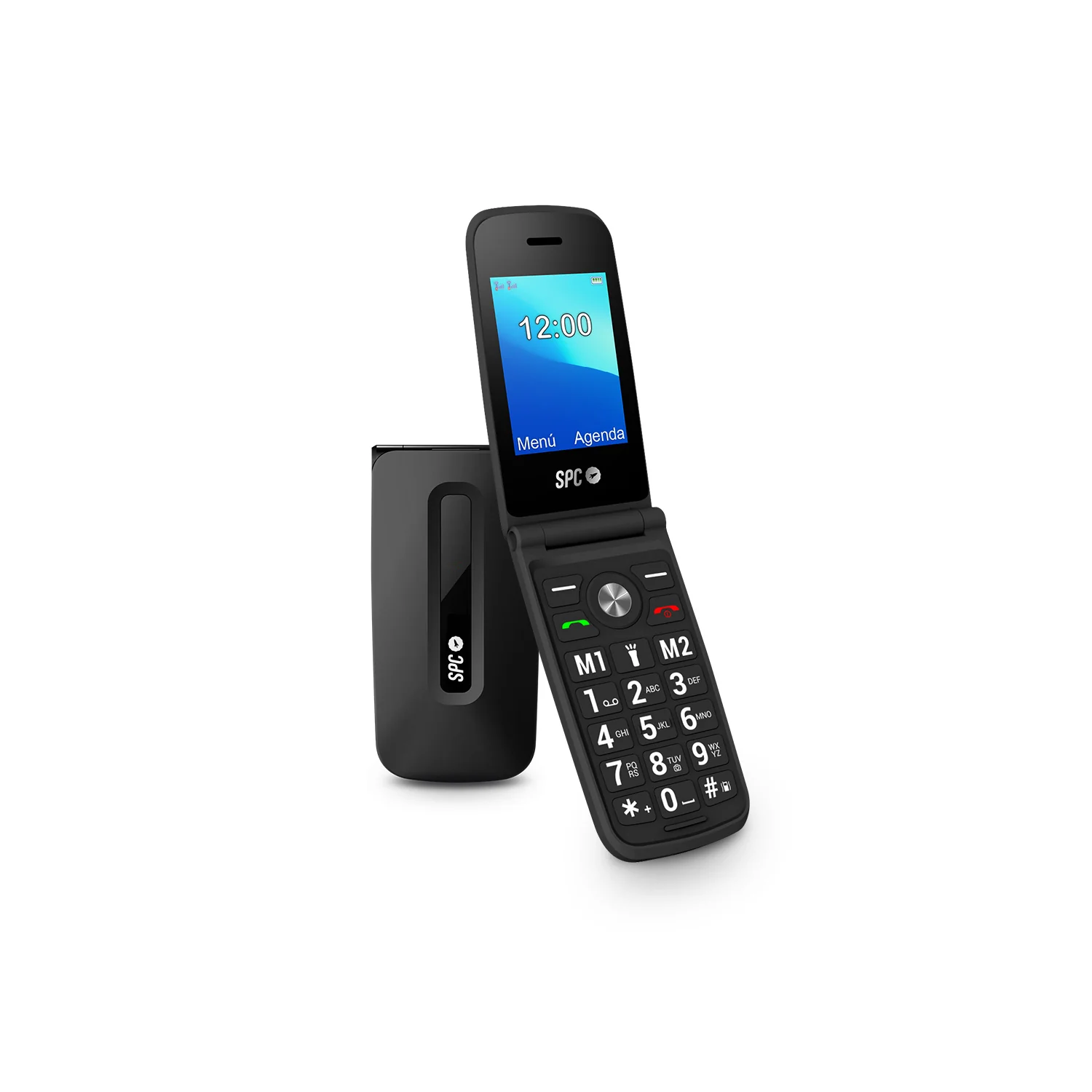 Teléfono plegable negro, abierto, mostrando la hora y el menú. Sección de teléfono adicional visible.