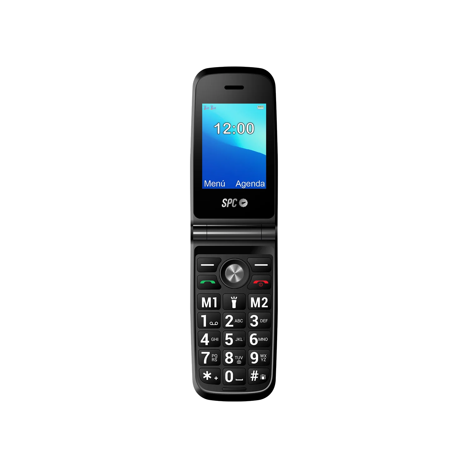 Teléfono plegable negro abierto muestra 12:00. Tiene un teclado con botones grandes. La marca es SPC.