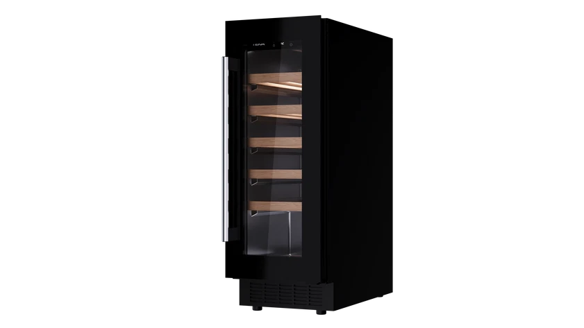 Enfriador de vino negro con puerta de cristal y estantes de madera.