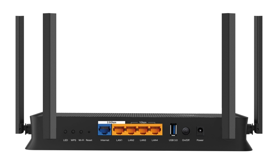 Czarny router z antenami. Porty to Internet, LAN, USB. Przyciski LED, WPS, Wi-Fi, reset i zasilanie widoczne.