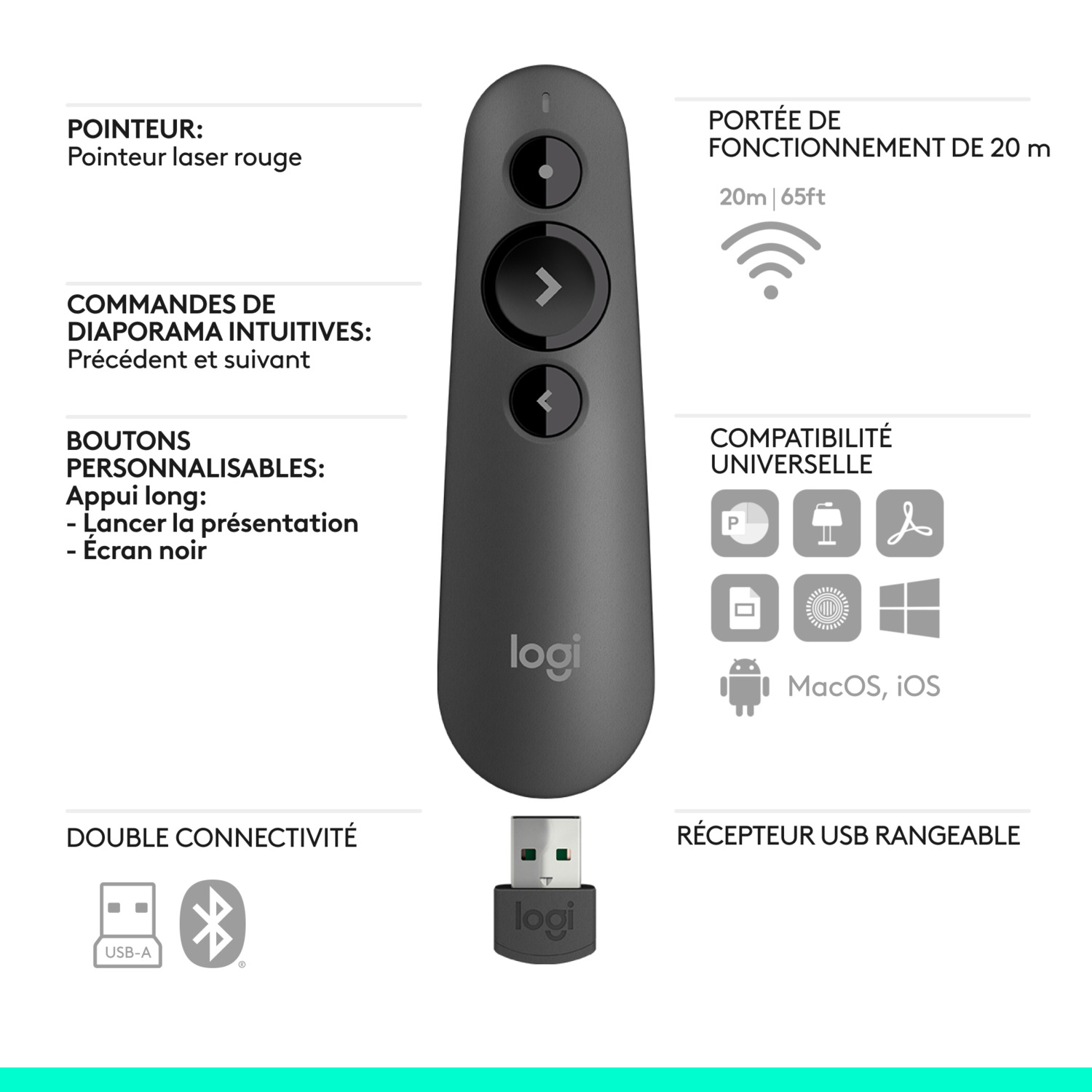 Télécommande noire avec boutons et récepteur USB. Avec pointeur laser et pour présentations.