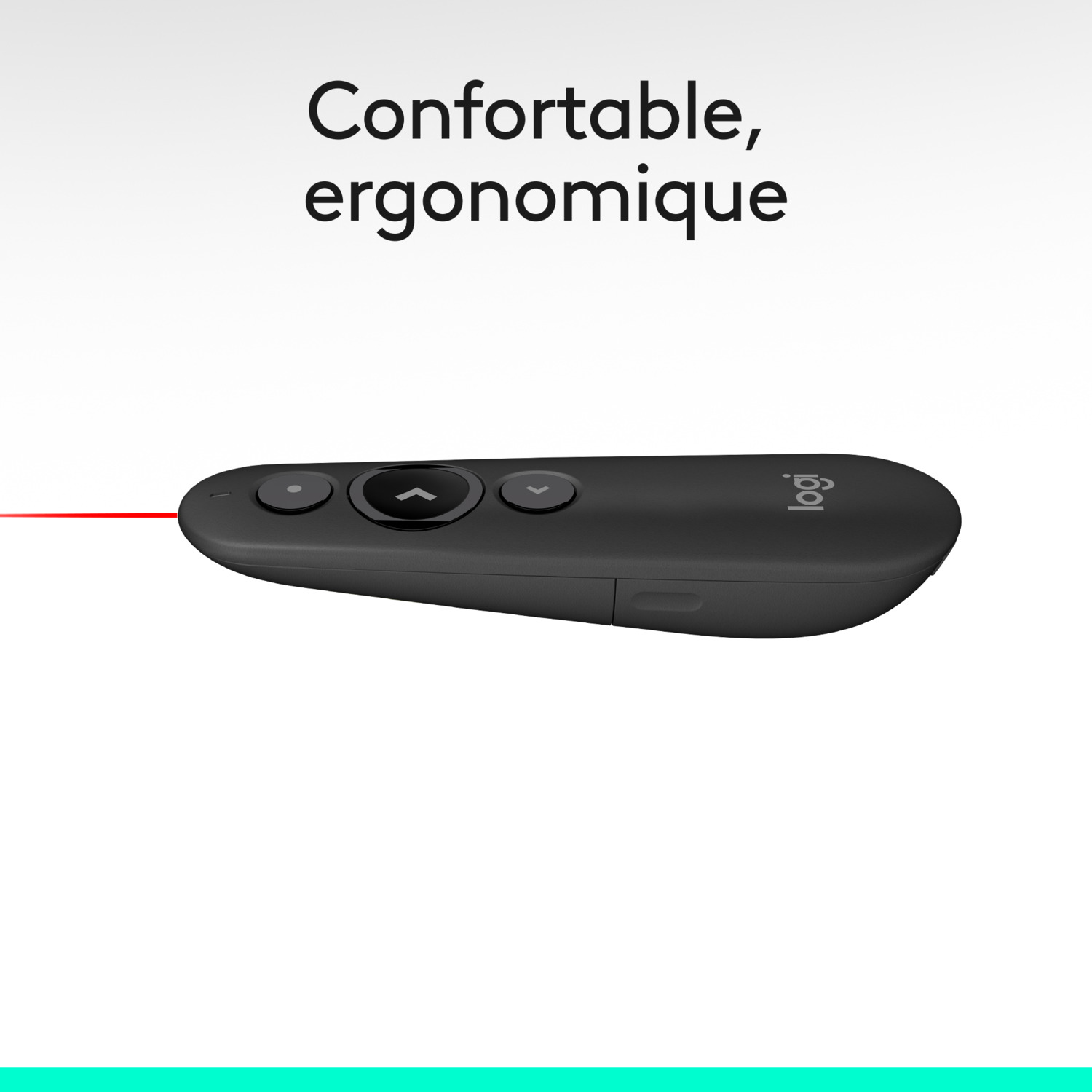 Une télécommande noire avec un faisceau laser rouge. Le texte dit 'Confortable, ergonomique'.