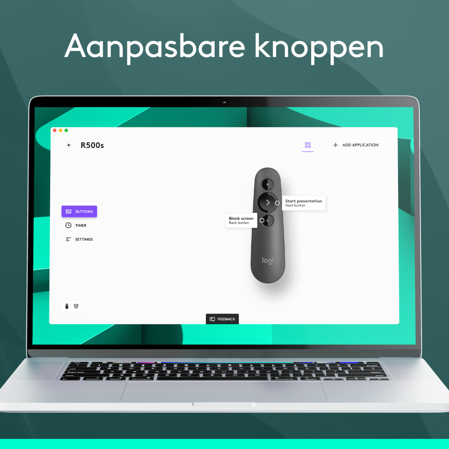 Laptopscherm met presentatie-afstandsbedieningsinterface en knoppen.