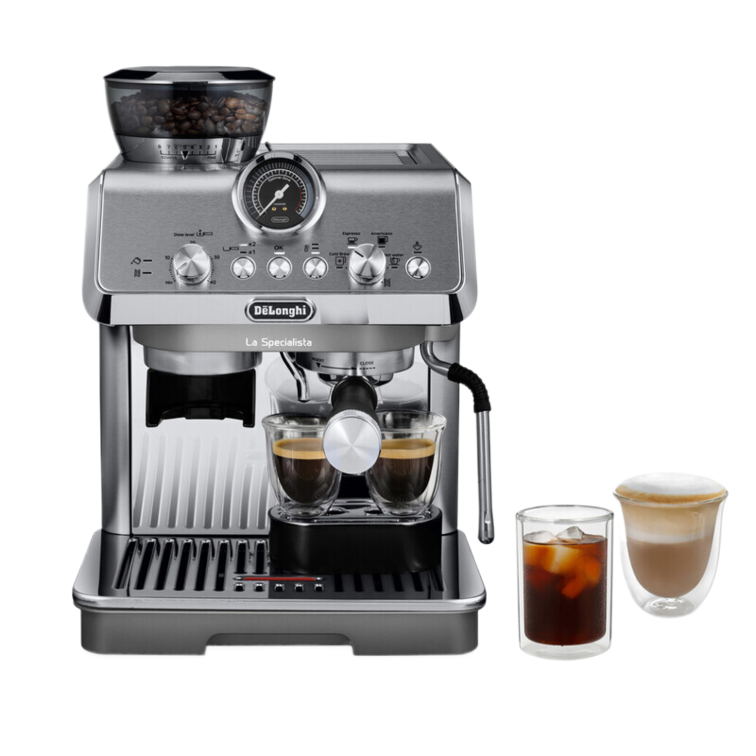 Silver coffee machine with two clear glasses of espresso and a latte.