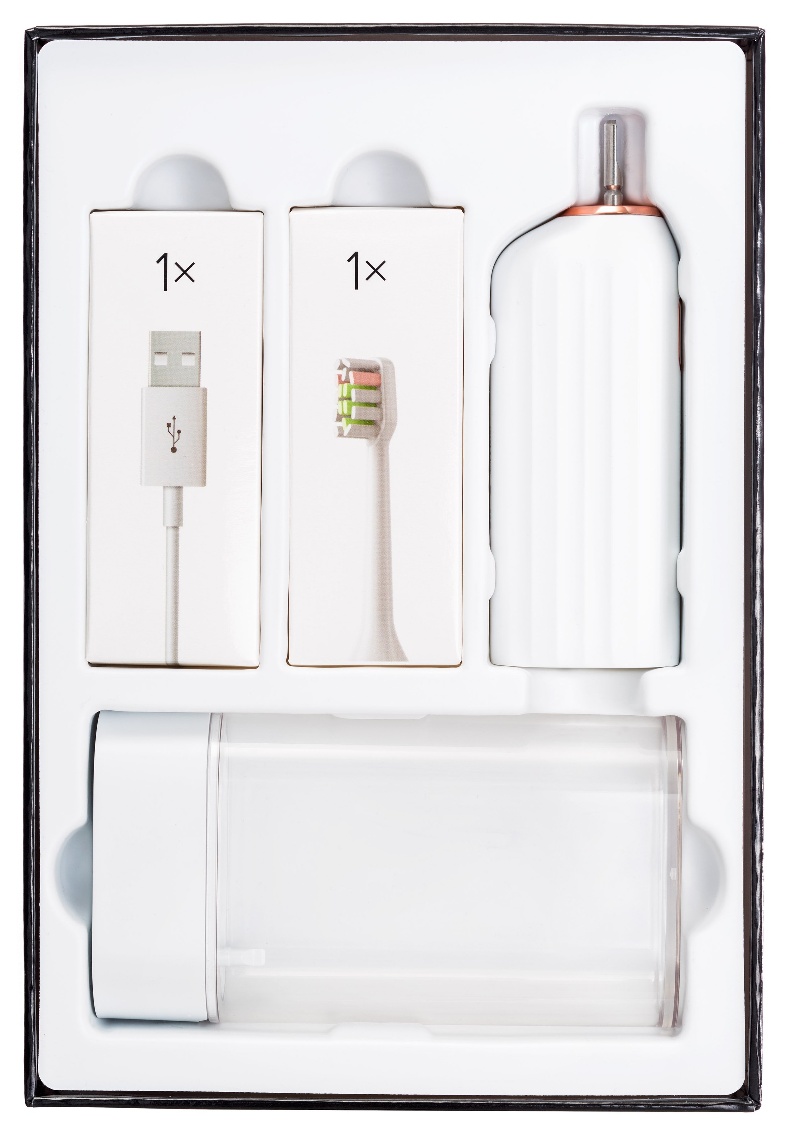 Zestaw szczoteczki do zębów z ładowarką USB, główką i rączką.