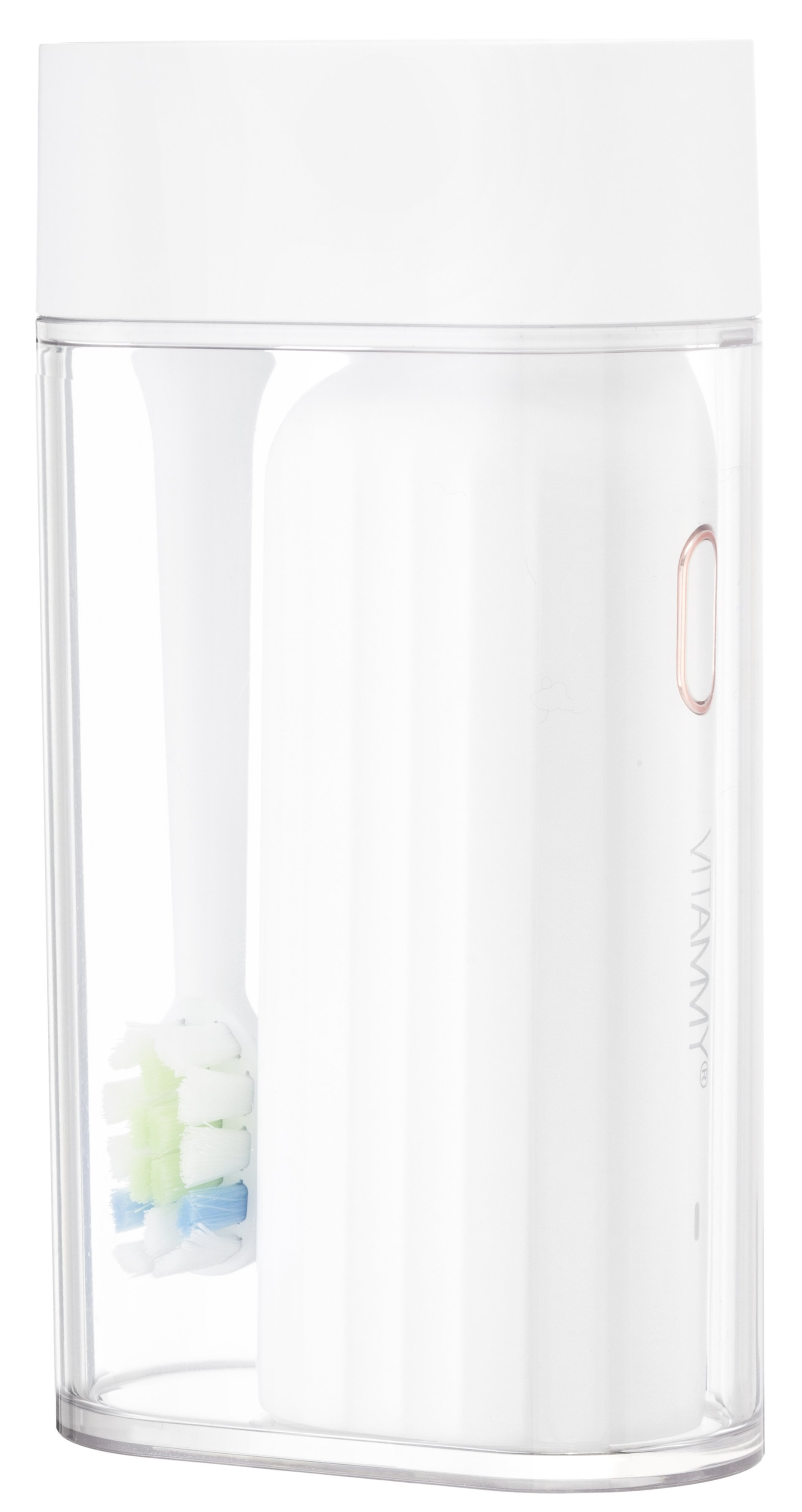 Biała szczoteczka elektryczna w przezroczystym etui. Marka 'VIAMMY' jest na etui.