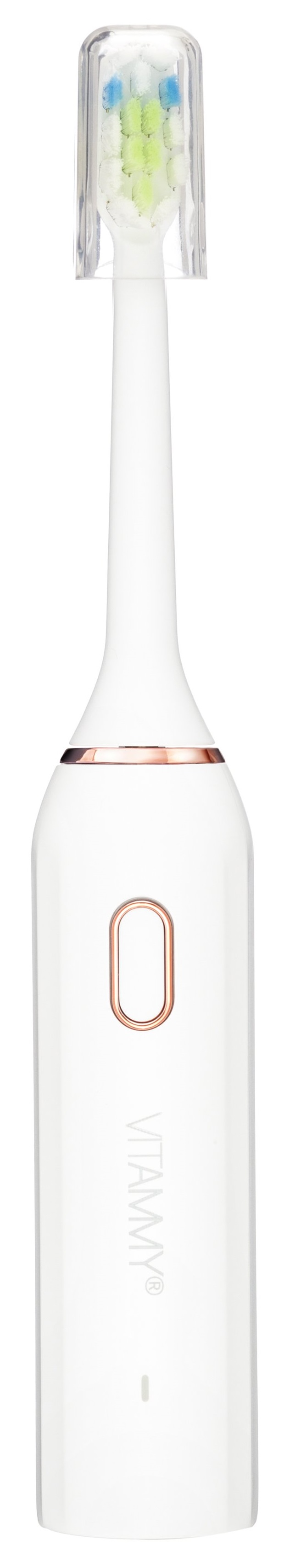 Biała szczoteczka elektryczna z główką szczoteczki. Marka 'VIAMMY' jest na uchwycie.