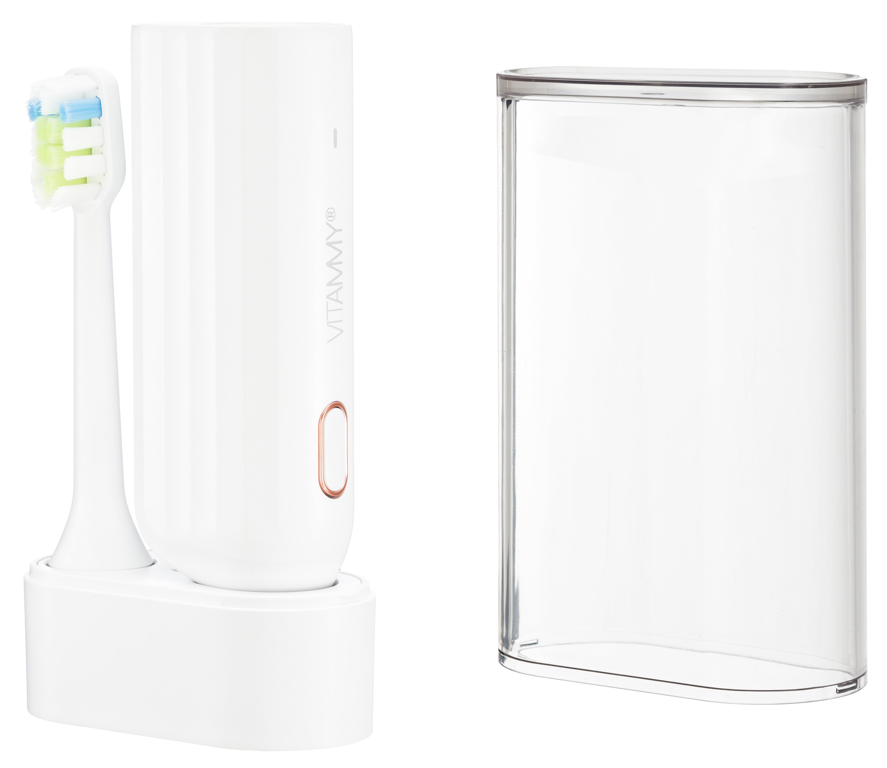 Biały zestaw szczoteczki elektrycznej z osłoną ochronną. Szczoteczka jest na stacji ładującej.