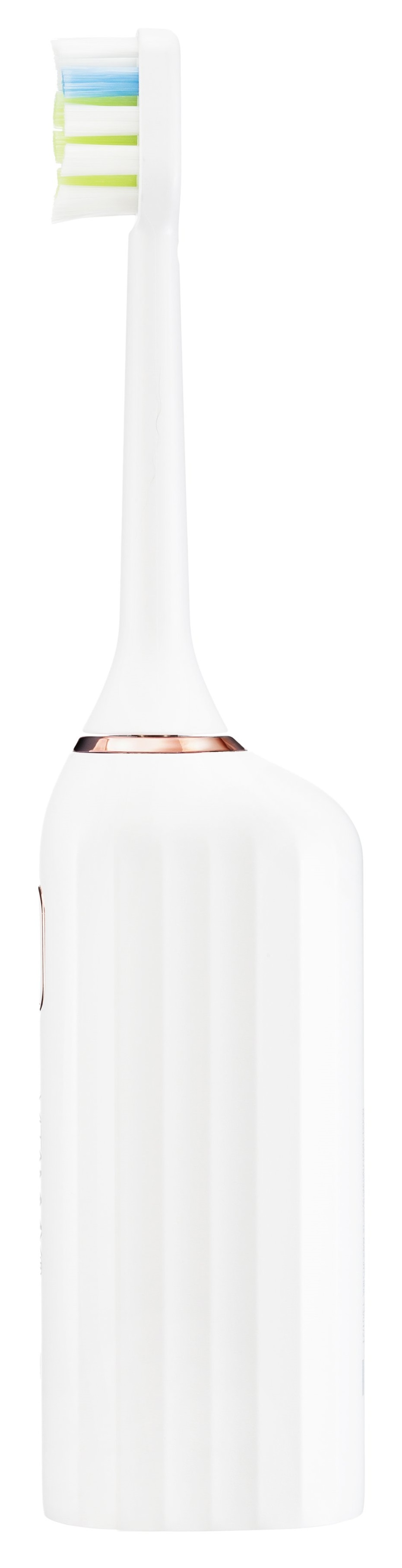 Biała szczoteczka elektryczna. Ma główkę z niebieskim, zielonym i białym włosiem.