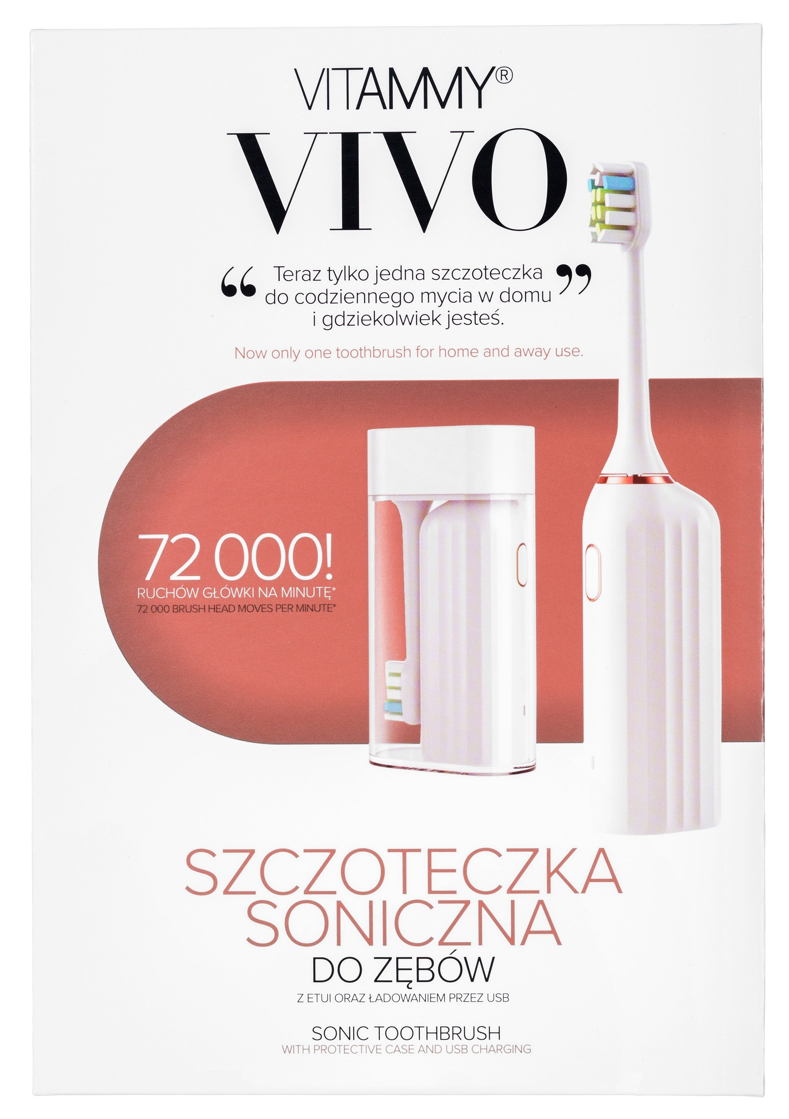 Pudełko ze szczoteczką do zębów. Tekst i grafika na białym pudełku. Tło czerwone.