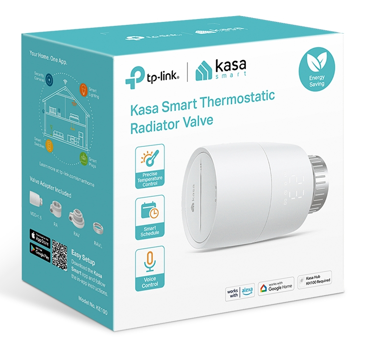 Białe pudełko zaworu termostatycznego do grzejnika Kasa Smart. Pokazuje funkcje.