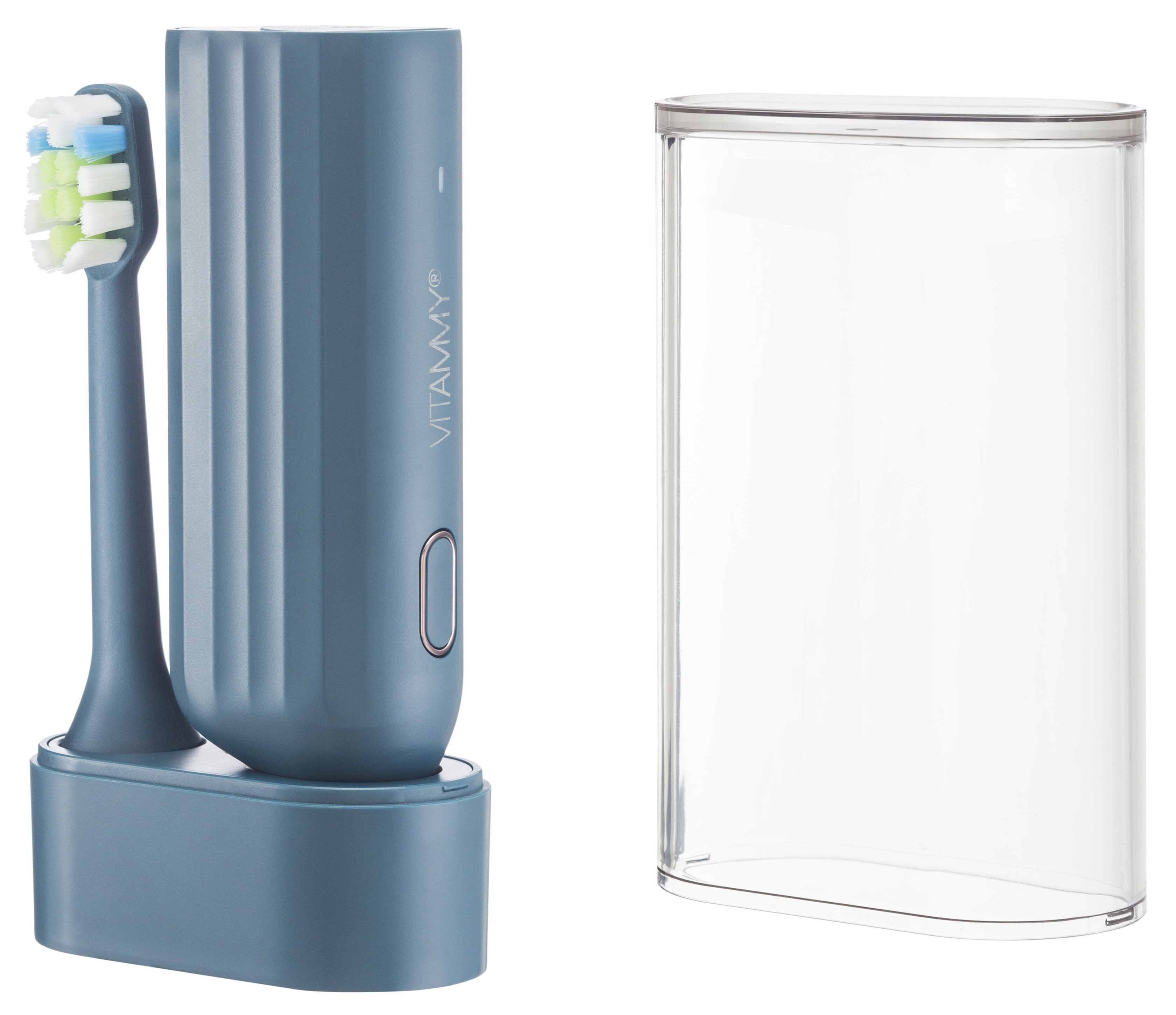 Niebieski zestaw szczoteczki elektrycznej z osłoną ochronną. Szczoteczka jest na stacji ładującej.