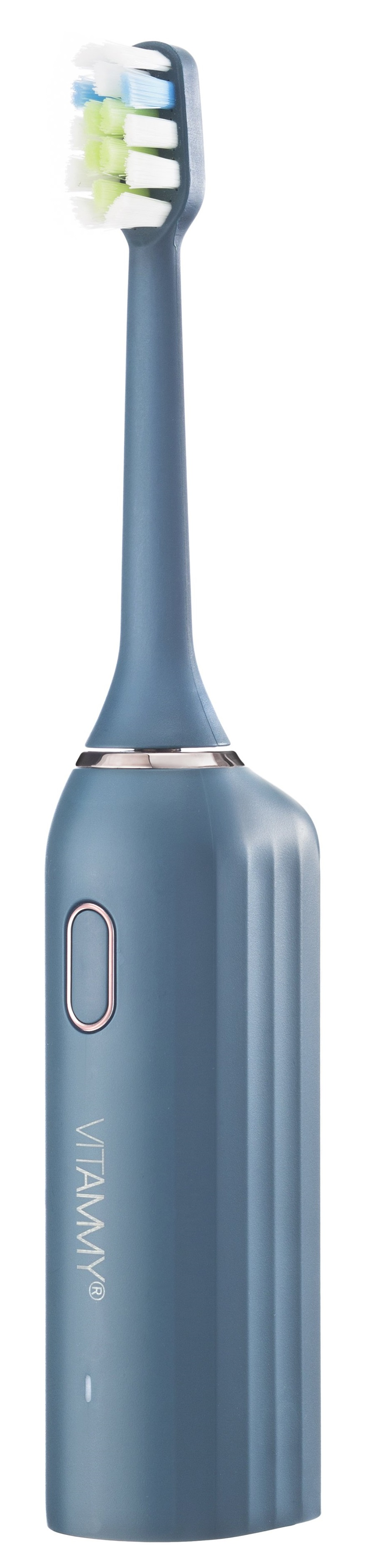 Niebieska szczoteczka elektryczna. Ma główkę z niebieskim, zielonym i białym włosiem.