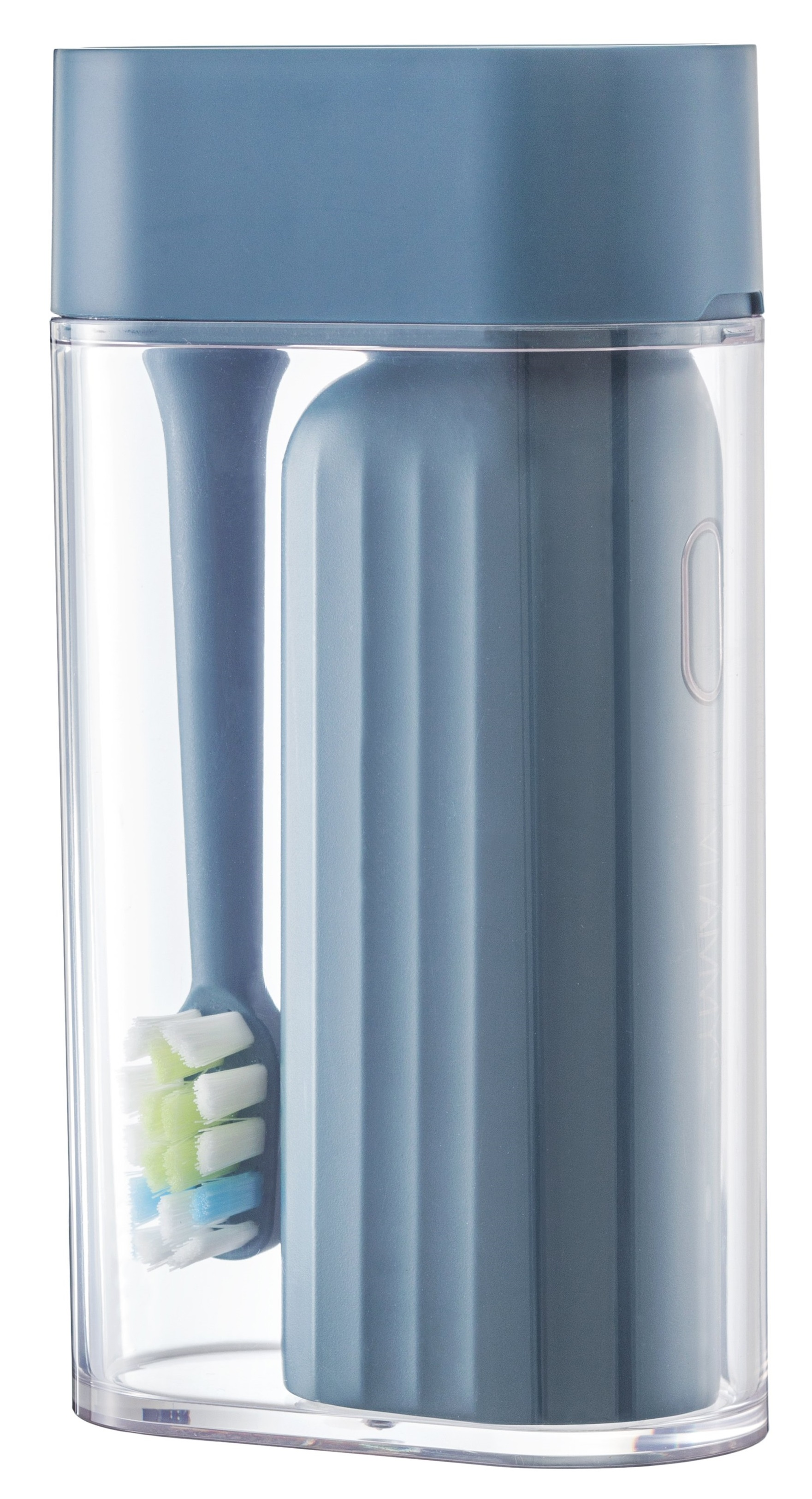 Niebieska szczoteczka do zębów i stacja ładująca w przezroczystym etui. Szczoteczka jest niebieska.