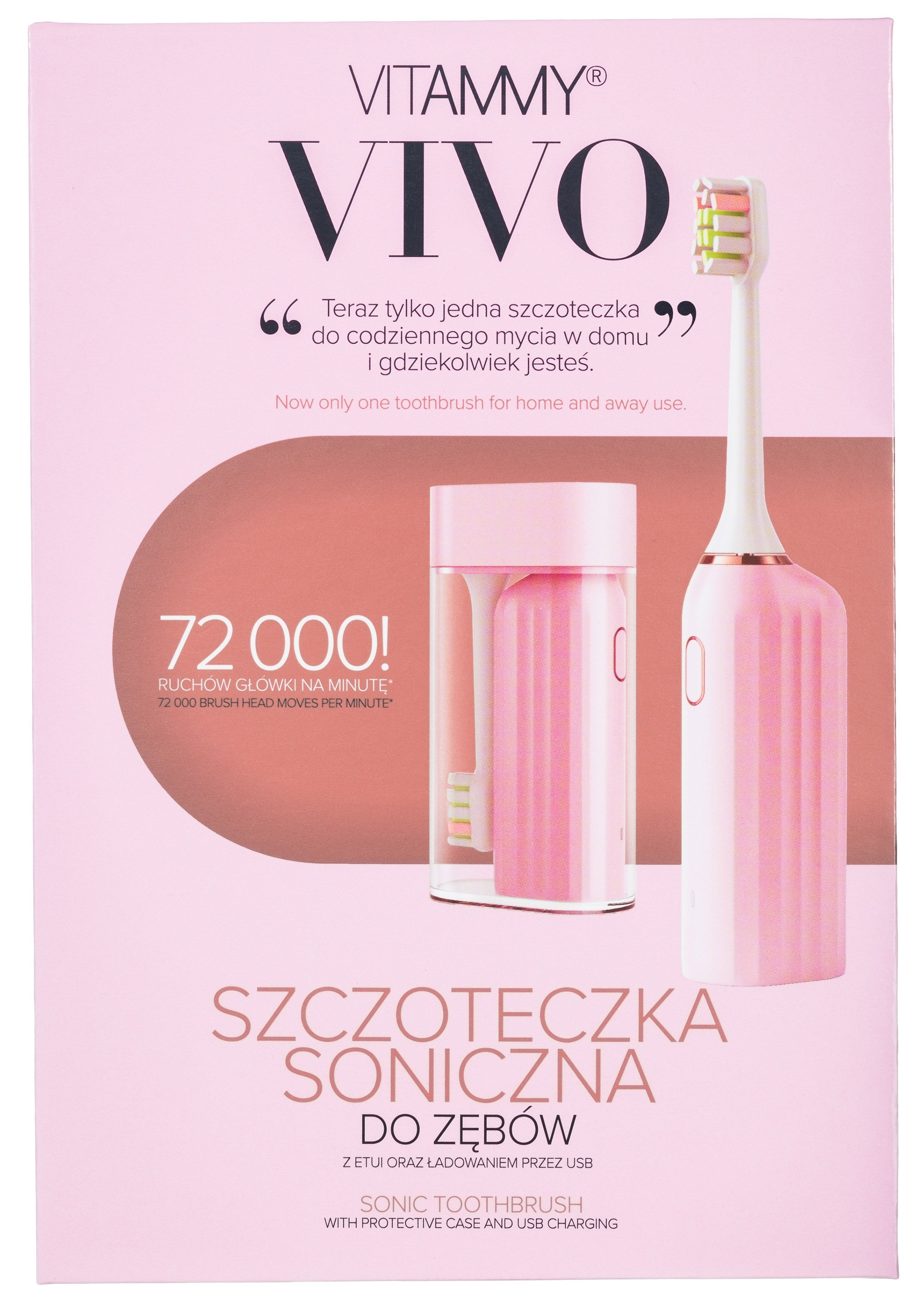 Różowa szczoteczka soniczna Vitammy Vivo z etui i ładowaniem USB.
