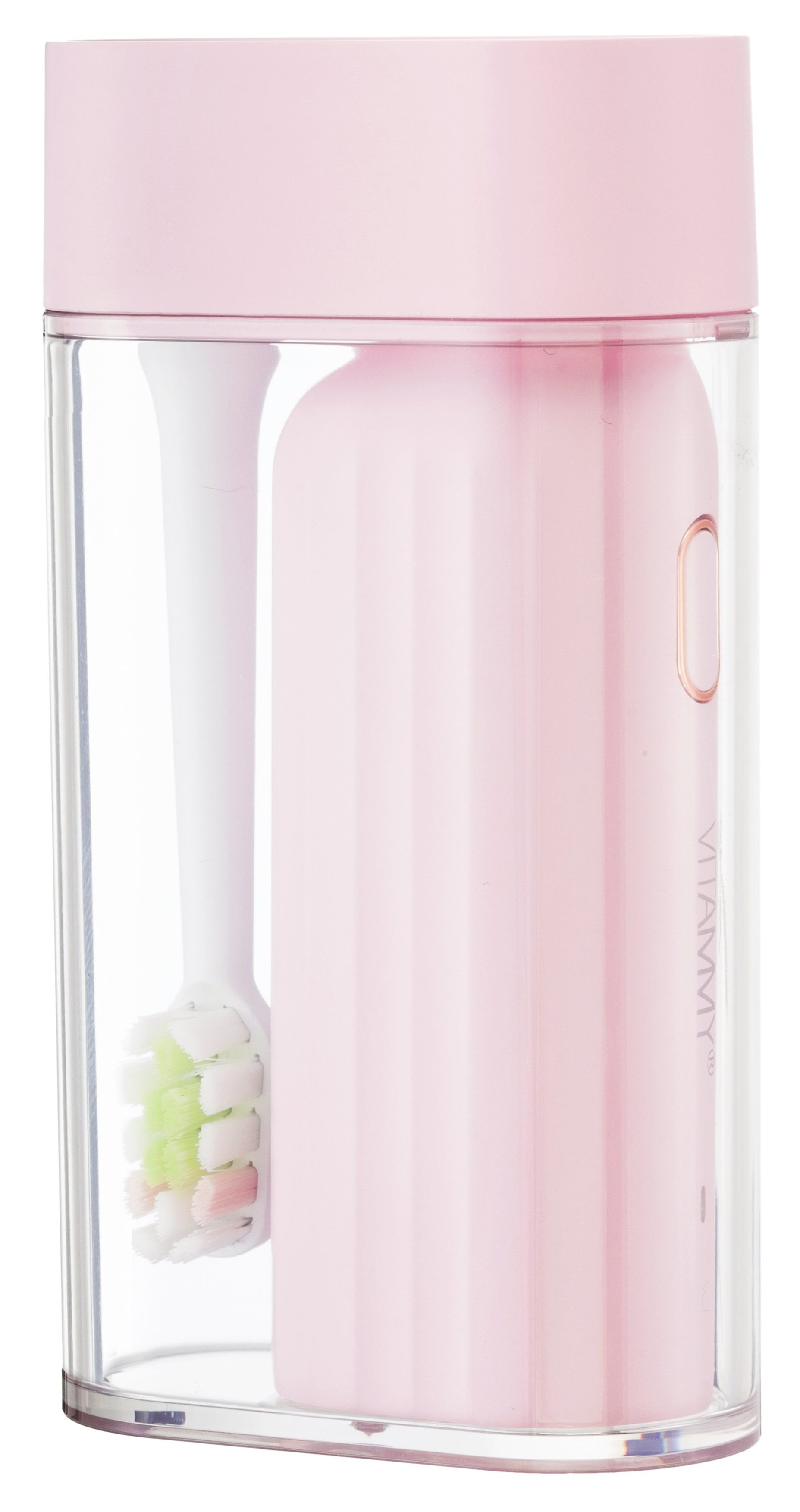 Różowa elektryczna szczoteczka do zębów w przezroczystym etui. Szczoteczka w etui.