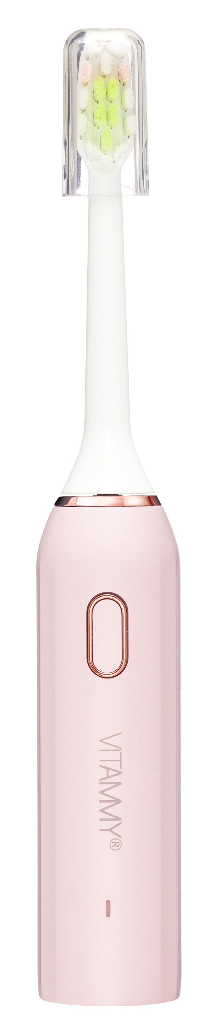 Różowa szczoteczka elektryczna z osłoną. Główka ma zielone i różowe włosie.