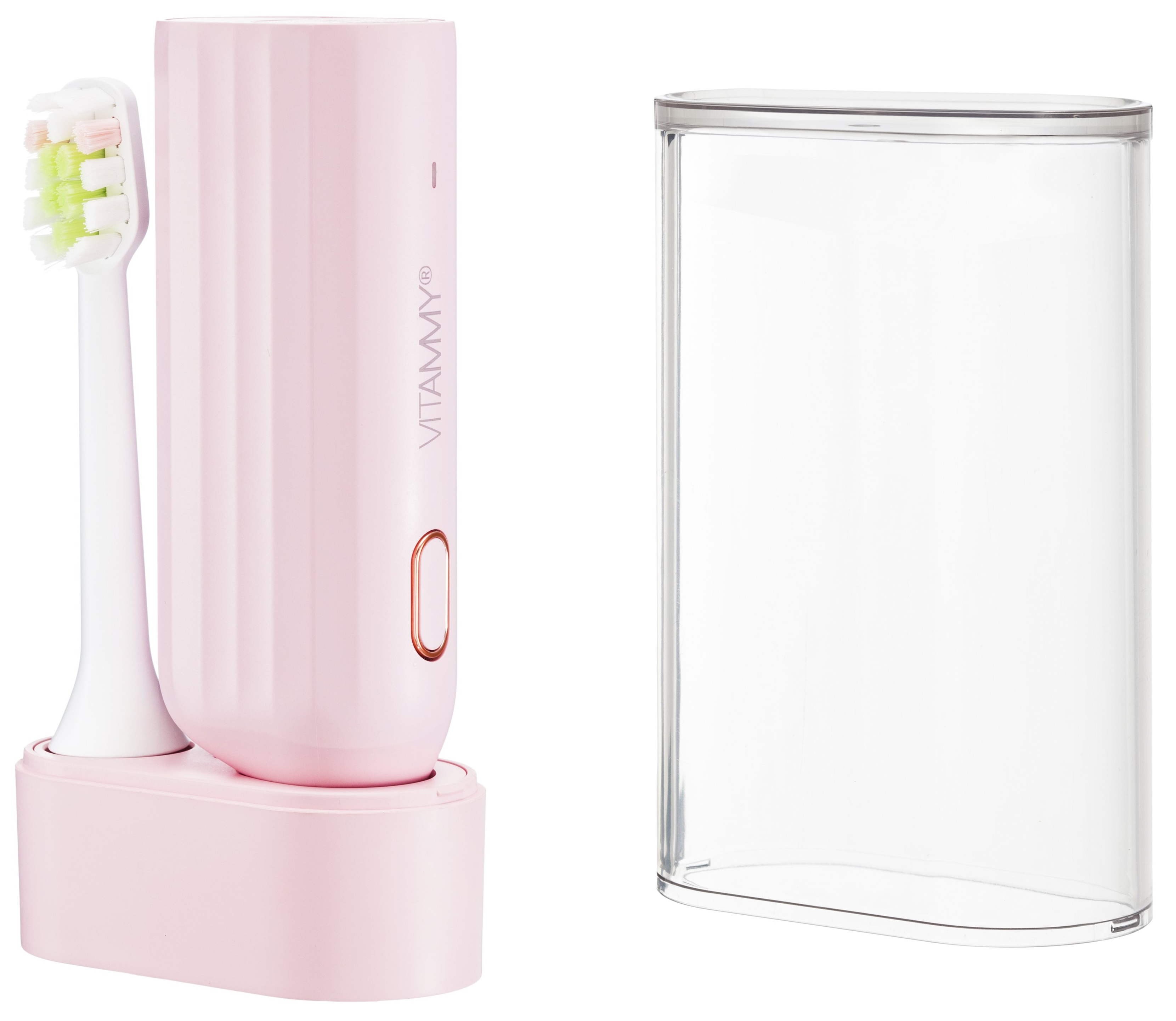 Różowy zestaw szczoteczki elektrycznej z osłoną ochronną. Szczoteczka jest na stacji ładującej.
