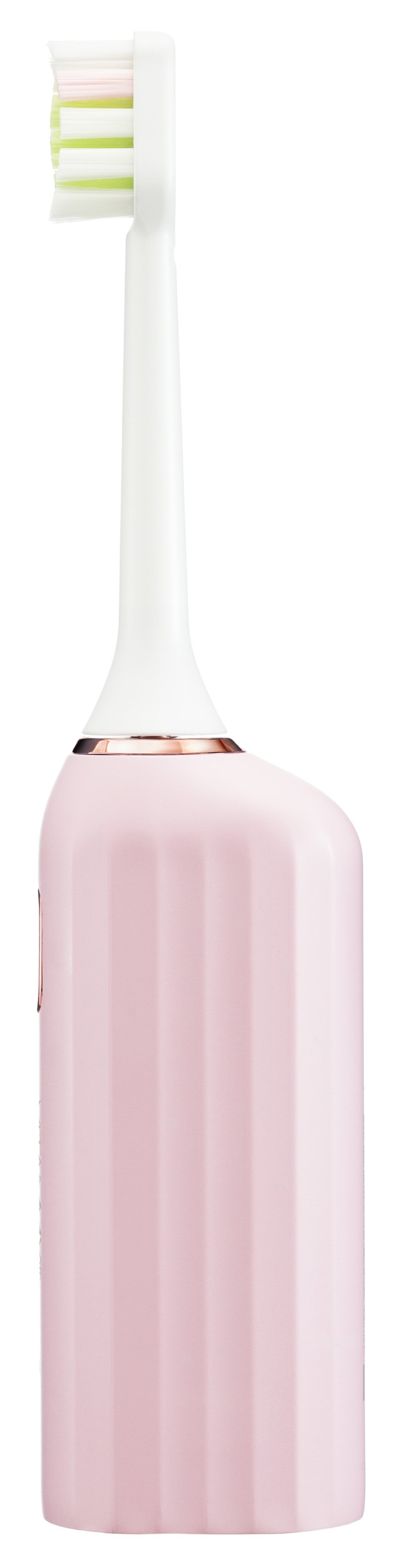 Różowa elektryczna szczoteczka do zębów, biała główka z zielonym i różowym włosiem. Złoty pierścień w pobliżu główki.