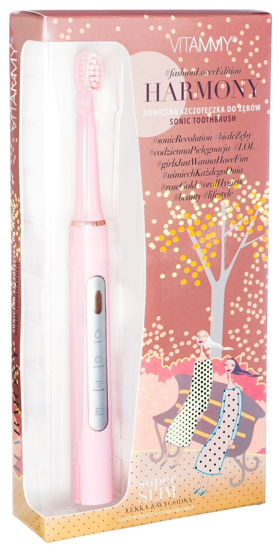 Pudełko z różową szczoteczką elektryczną. Pudełko ma ilustracje i tekst, w tym nazwę marki.