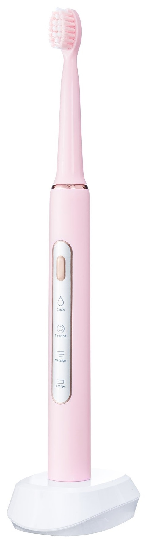 Różowa elektryczna szczoteczka do zębów z białą podstawą ładującą.