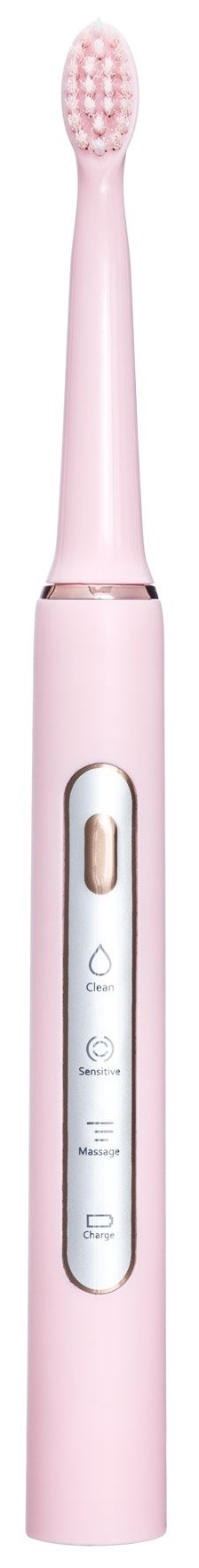 Różowa elektryczna szczoteczka do zębów, widok pionowy. Ma różowy korpus, srebrne przyciski i białą główkę szczoteczki.