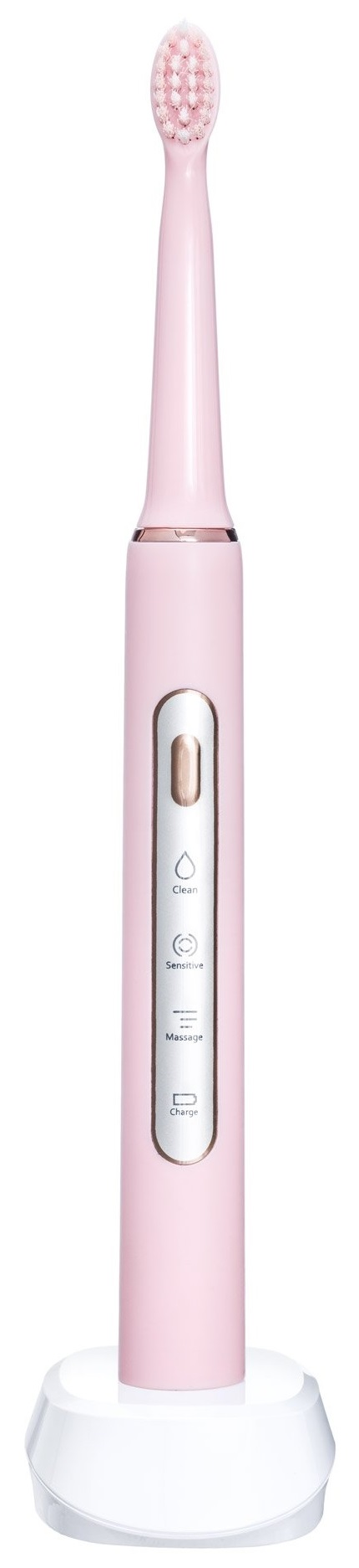 Różowa szczoteczka elektryczna na białej stacji ładującej. Ma przyciski do różnych trybów.