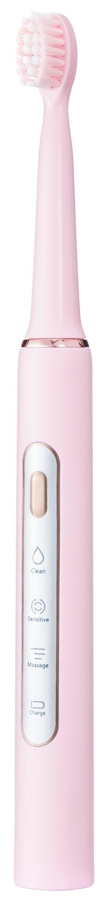 Różowa szczoteczka elektryczna z przyciskami do trybów takich jak czyszczenie, wrażliwy i masaż.