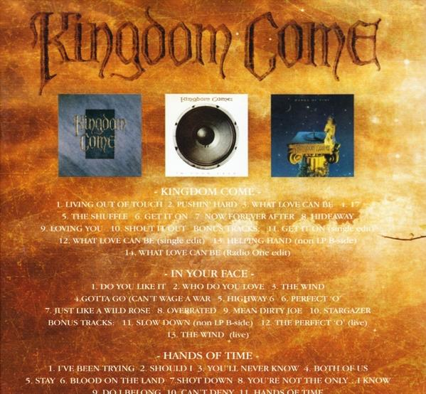 Albumcover mit Text, drei Albumcovern und einer Titelliste. Kingdom Come ist die Band.