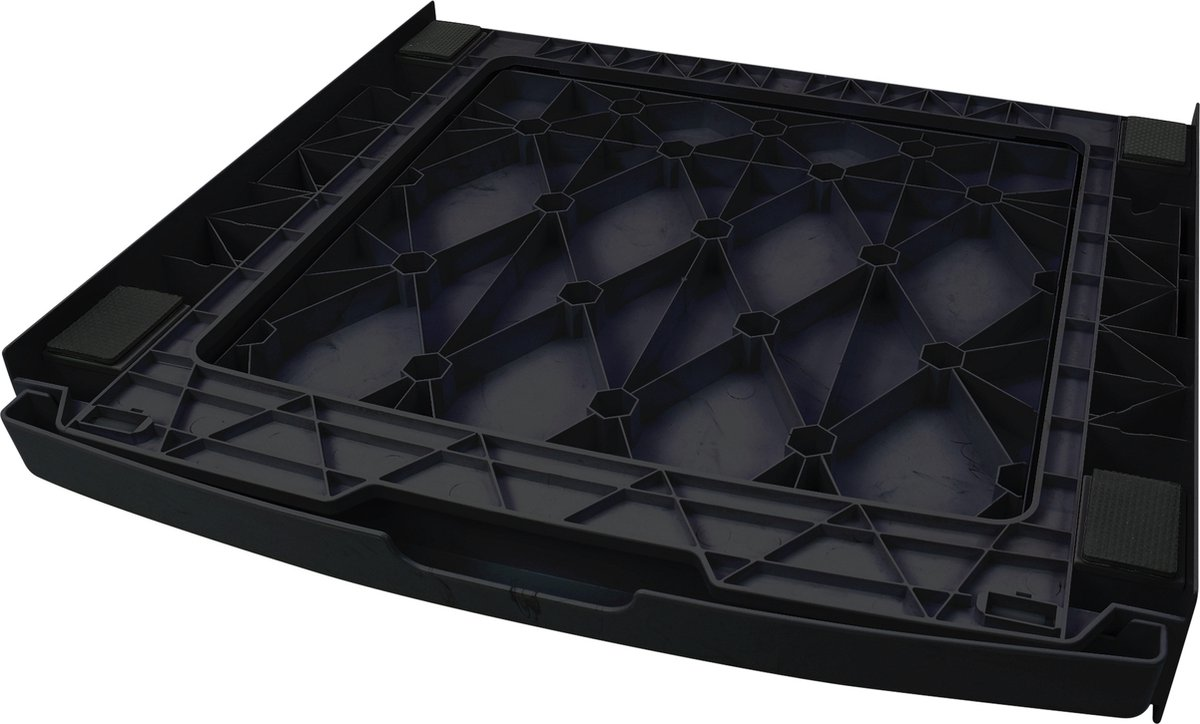 Czarna plastikowa taca z geometrycznym wzorem. Taca ma podwyższoną krawędź.