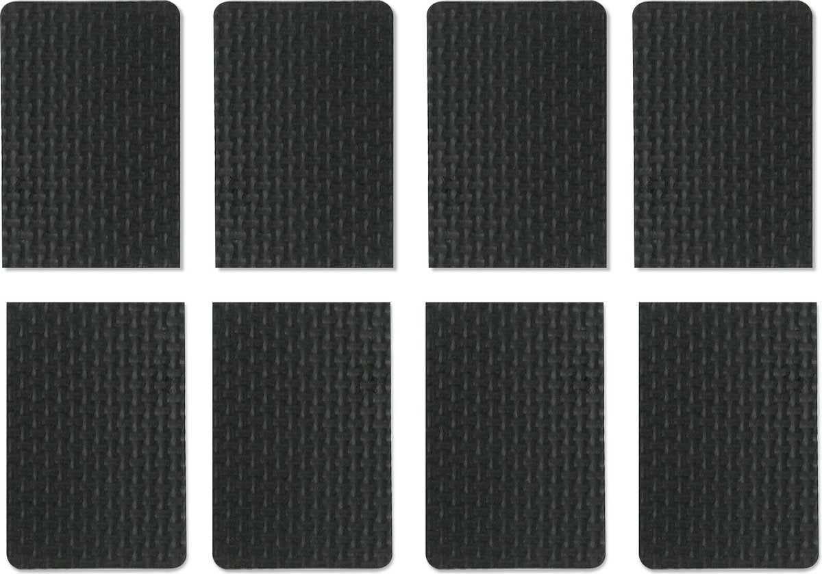 Osiem czarnych prostokątnych podkładek z zaokrąglonymi rogami, ułożonych w dwóch rzędach po cztery.