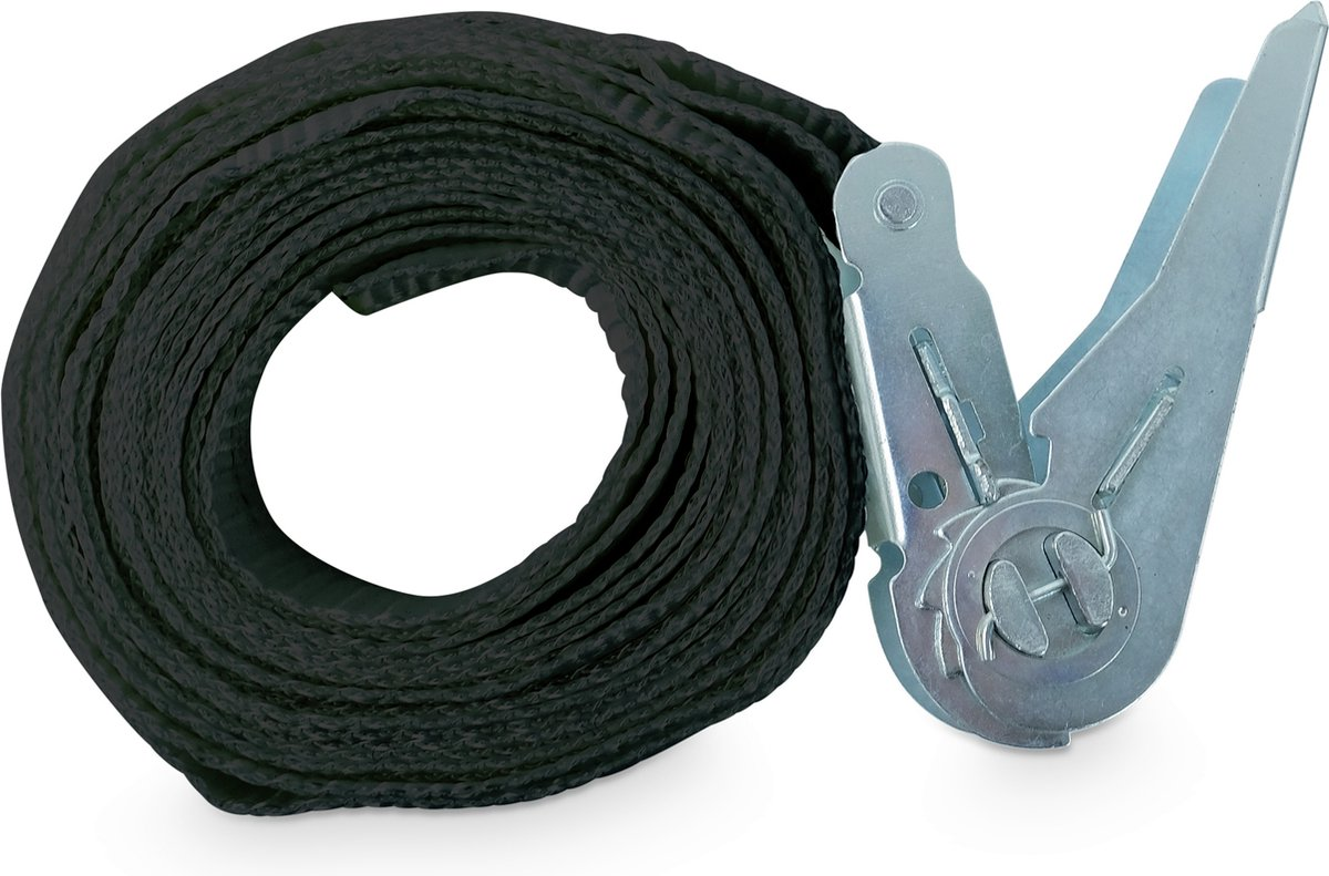 Czarny pas mocujący z grzechotką, zwinięty. Metalowy mechanizm zapadkowy z dźwignią.