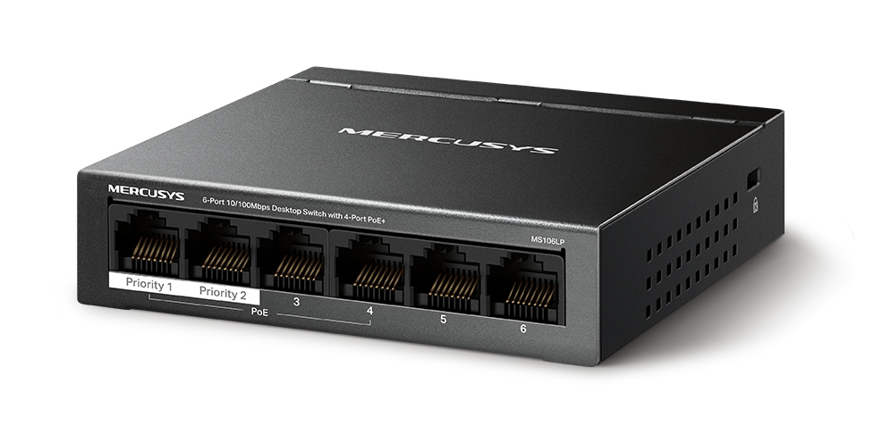 Czarny 6-portowy przełącznik biurkowy Mercusys z oznaczonymi portami. U góry nazwa marki.