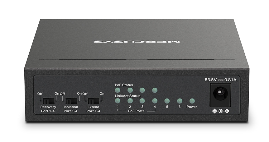 Czarny przełącznik PoE gigabit MERCUSYS 6-portowy z wejściem zasilania.