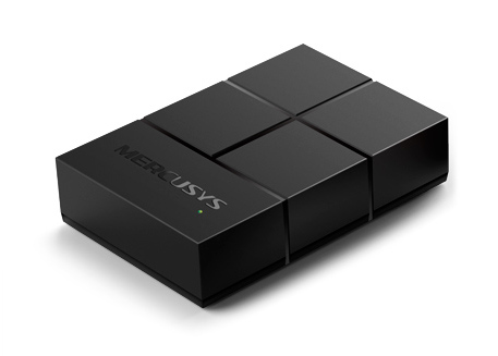 Czarny router. Sześć czarnych prostopadłościanów ułożonych w blok z logo Mercusys.