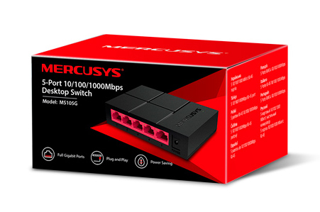 Czerwone pudełko z czarnym routerem w środku. Pudełko pokazuje markę i specyfikacje Mercusys.