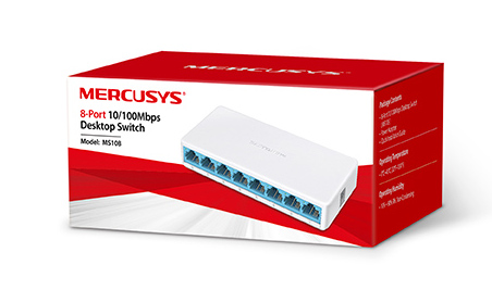 Czerwone i białe pudełko z białym routerem w środku. Pudełko pokazuje markę i specyfikacje Mercusys.