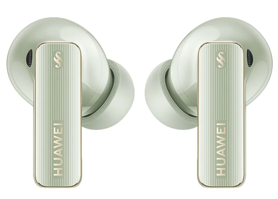 Dwa jasnozielone słuchawki Huawei, zbliżenie. Słuchawki mają złoty akcent i logo Huawei.