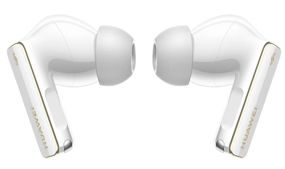 Dwa białe słuchawki Huawei ze złotym akcentem. Logo Huawei jest widoczne na słuchawkach.