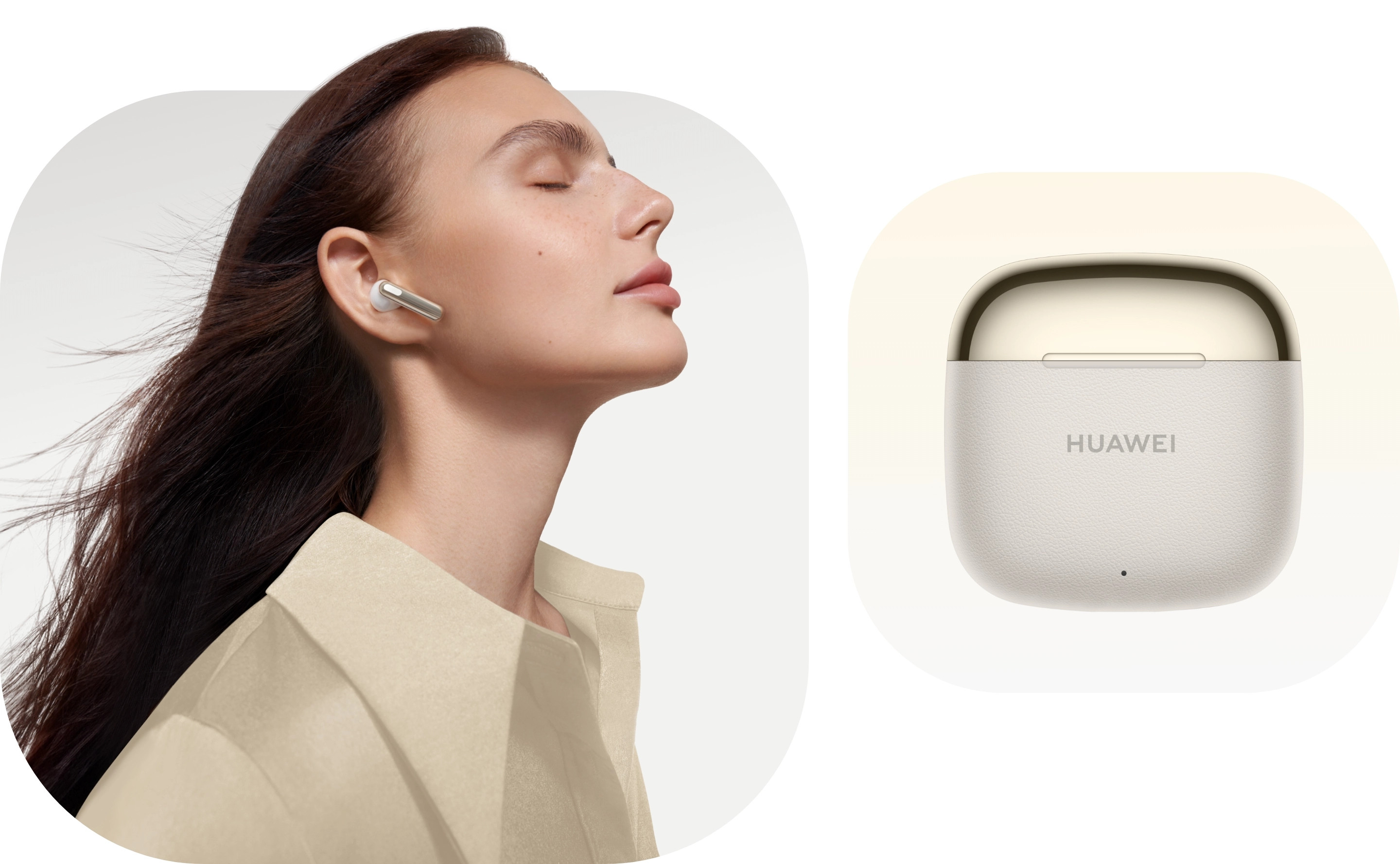 Kobieta ze słuchawką w uchu, obok otwartego etui na słuchawki. Etui jest beżowe i ma logo Huawei.
